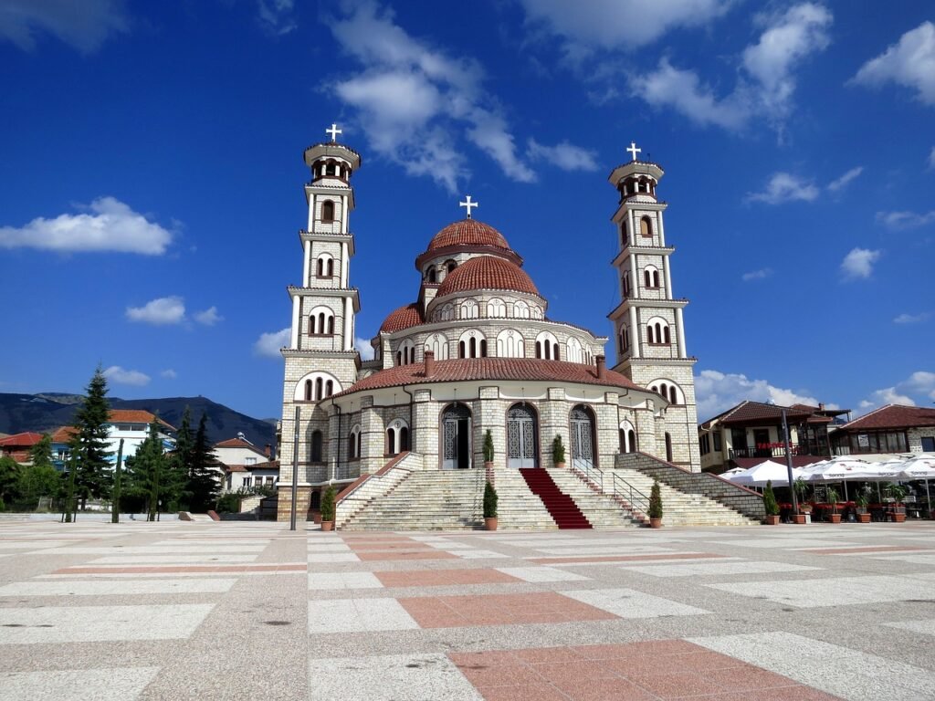 The historic church in Korça's main square, a stunning example of architectural elegance and cultural heritage.