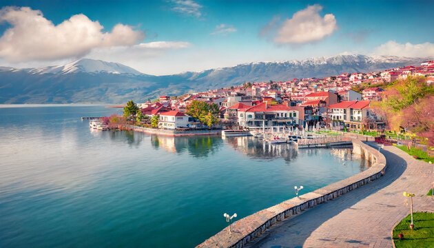 Scenic view of Pogradec Lake's coastal area, showcasing its natural beauty and lakeside living.