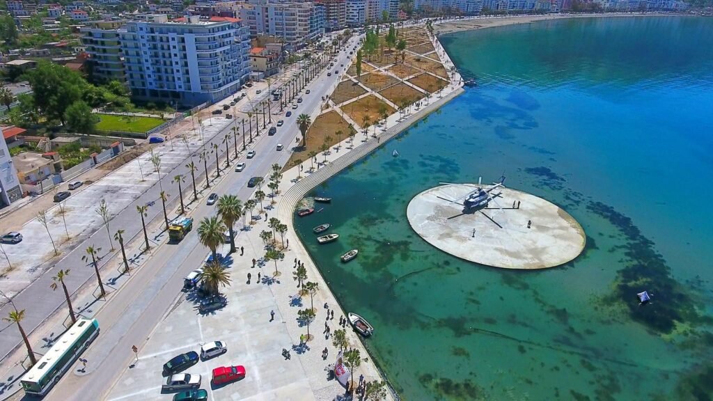 Aerial view of Vlora Lungomare, showcasing its stunning coastline and vibrant atmosphere