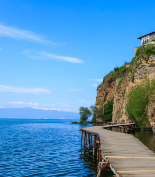 View of the wooden path along Ohrid Lake, offering a tranquil waterside escape.