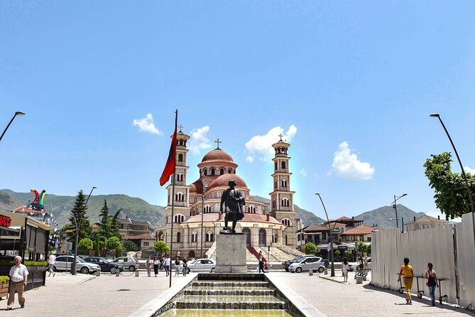 View of the historic church in Korça's main square, showcasing its architectural elegance